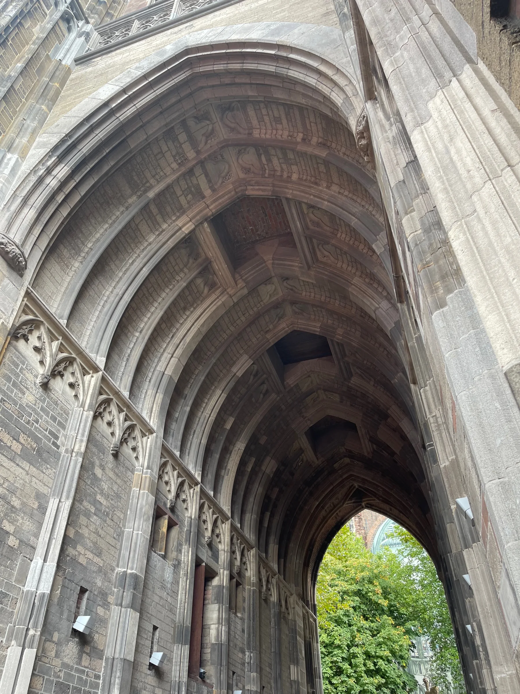 Arco gótico alto de pedra com ornamentos e pilares, abertura para área externa com árvores visíveis