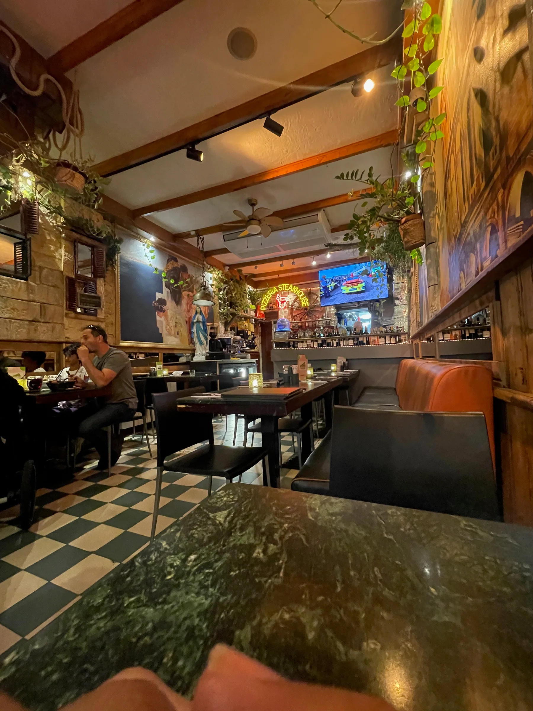 Interior de restaurante com mesas e cadeiras, parede com quadros e plantas penduradas, pessoas sentadas em uma mesa, televisão ligada e luminária com luz quente